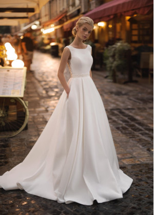 Ivory Satin Beading Lace V Back Modest Wedding Dress